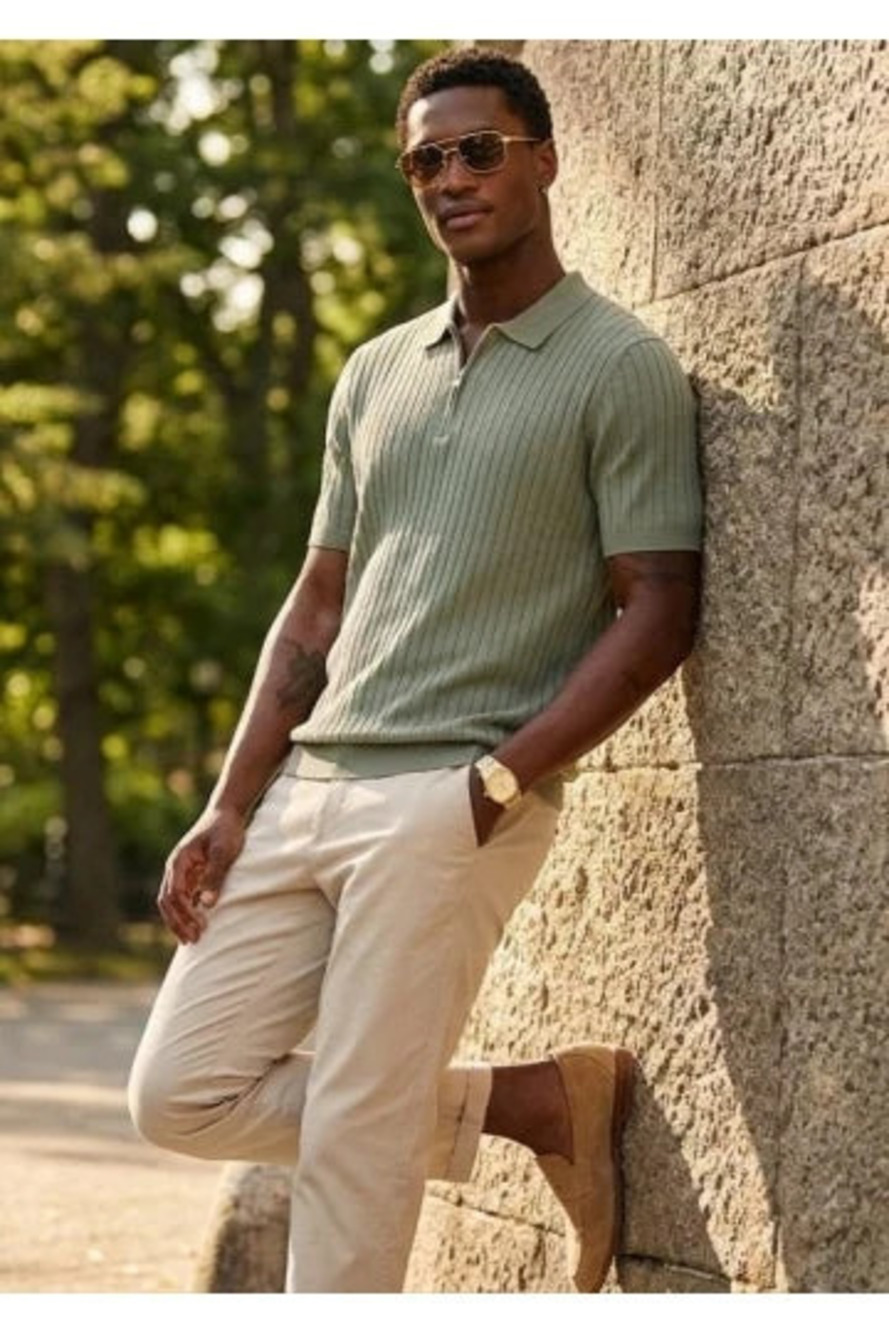 Selected Homme Sage Green Knitted Zip Up Textured Polo/36086